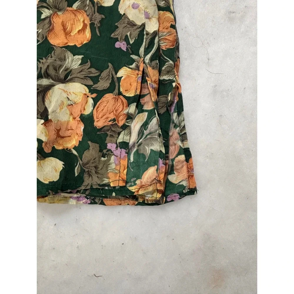 Vintage Silk‎ Floral Button Up Short Sleeve Blouse Green Orange Yellow - Picture 9 of 9
